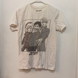 Crunchyroll Manga art t-shirt. "Yuri on ice" black imprint on white t
